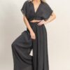 Cropped Collared Wrap Top + Wide-Leg Pants Set