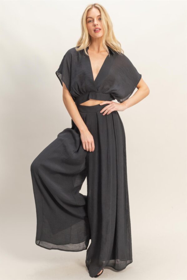 Cropped Collared Wrap Top + Wide-Leg Pants Set