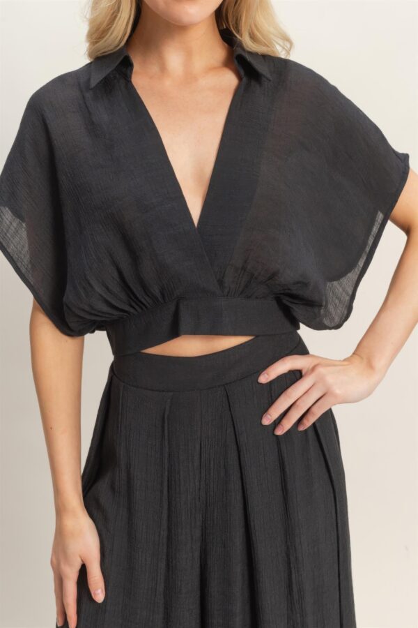 Cropped Collared Wrap Top + Wide-Leg Pants Set