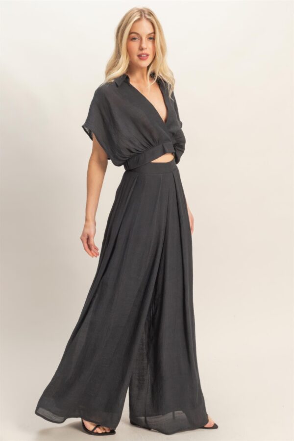 Cropped Collared Wrap Top + Wide-Leg Pants Set