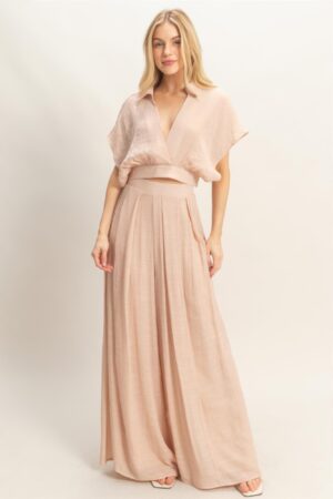 Cropped Collared Wrap Top & Wide-Leg Pants Set