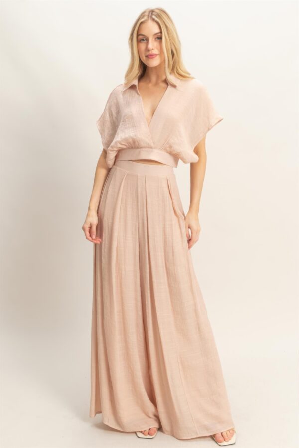 Cropped Collared Wrap Top & Wide-Leg Pants Set