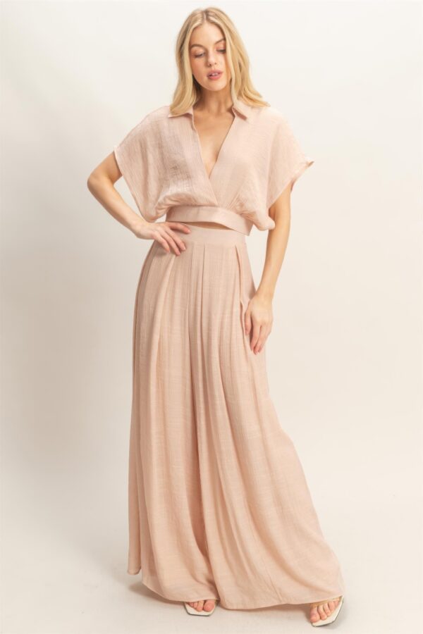 Cropped Collared Wrap Top & Wide-Leg Pants Set