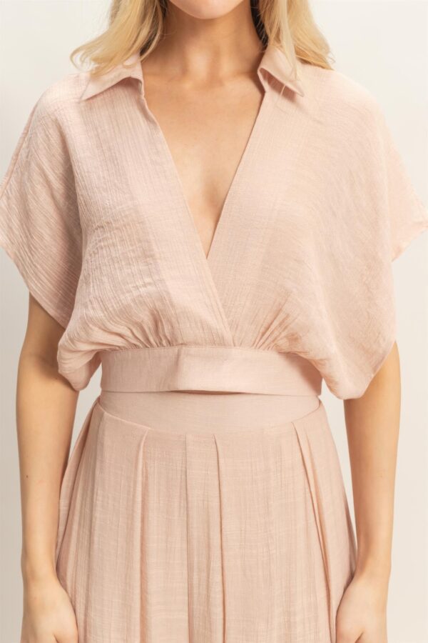 Cropped Collared Wrap Top & Wide-Leg Pants Set