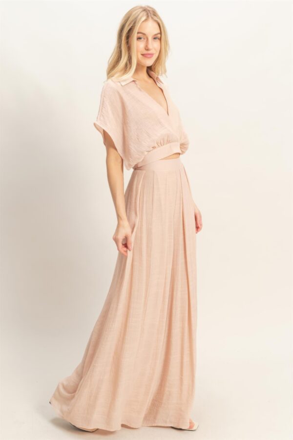 Cropped Collared Wrap Top & Wide-Leg Pants Set