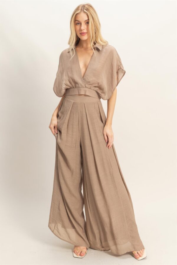 Cropped Wrap Top & Wide-Leg Pants Set – Cotton Blend