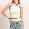 Contrast-Trim Fitted Sleeveless Ribbed Top