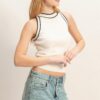 Contrast-Trim Fitted Sleeveless Ribbed Top
