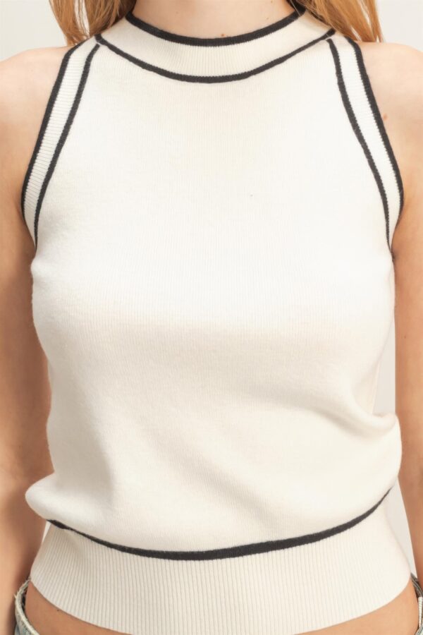 Contrast-Trim Fitted Sleeveless Ribbed Top