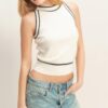 Contrast-Trim Fitted Sleeveless Ribbed Top