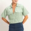 Cropped Cotton Collared V-neck Top with Flap Pockets