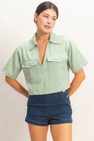 Cropped Cotton Collared V-neck Top with Flap Pockets