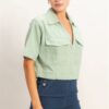 Cropped Cotton Collared V-neck Top with Flap Pockets