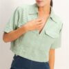 Cropped Cotton Collared V-neck Top with Flap Pockets