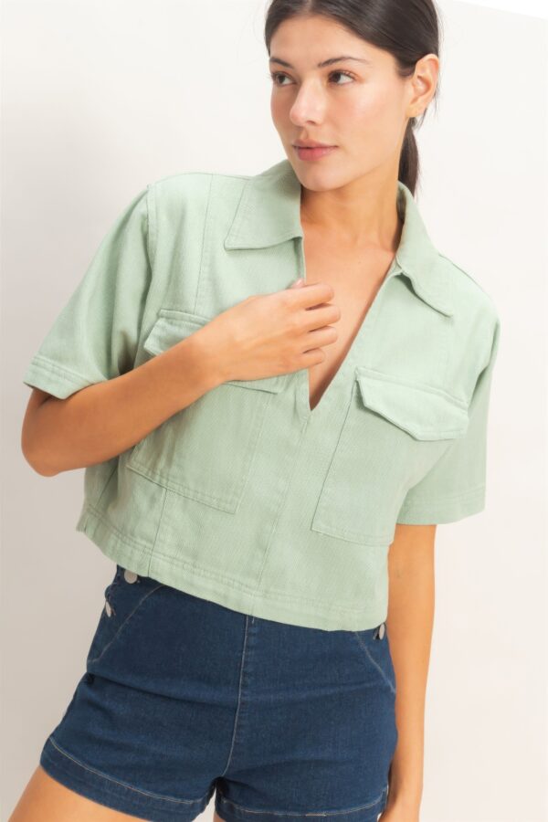 Cropped Cotton Collared V-neck Top with Flap Pockets
