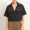 Collared V-Neck Crop Top with Flap Pockets