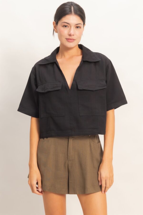 Collared V-Neck Crop Top with Flap Pockets