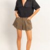 Collared V-Neck Crop Top with Flap Pockets