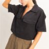 Collared V-Neck Crop Top with Flap Pockets