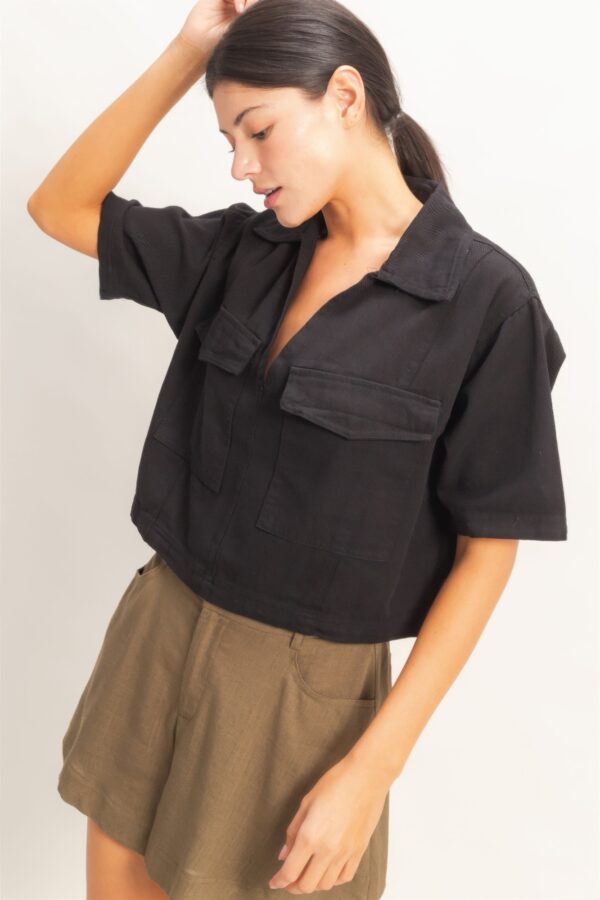 Collared V-Neck Crop Top with Flap Pockets