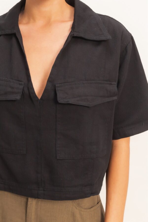 Collared V-Neck Crop Top with Flap Pockets