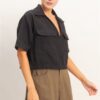 Collared V-Neck Crop Top with Flap Pockets