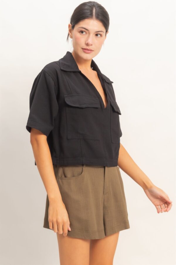 Collared V-Neck Crop Top with Flap Pockets