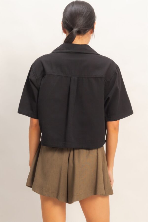 Collared V-Neck Crop Top with Flap Pockets