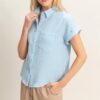 Lightweight Rolled-Sleeve Cotton Button-Up Top