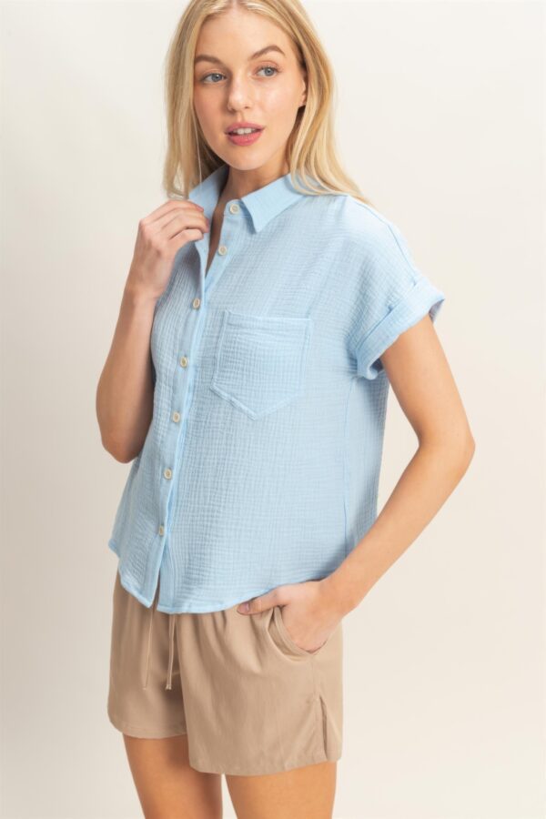 Lightweight Rolled-Sleeve Cotton Button-Up Top