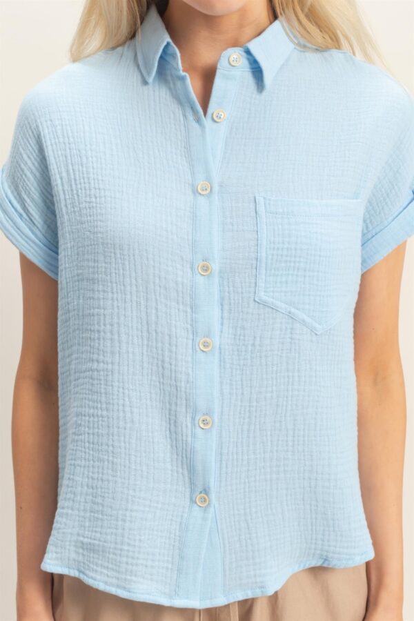 Lightweight Rolled-Sleeve Cotton Button-Up Top