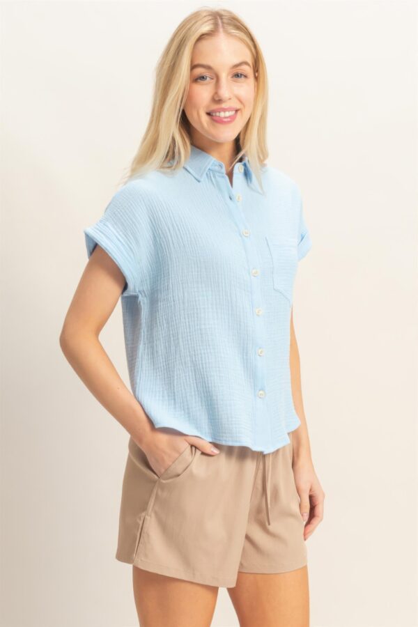 Lightweight Rolled-Sleeve Cotton Button-Up Top