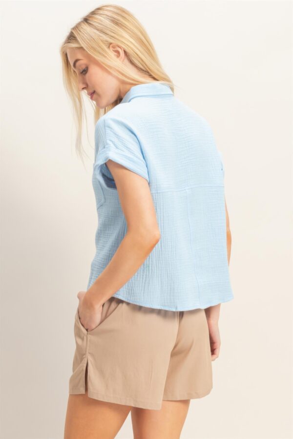 Lightweight Rolled-Sleeve Cotton Button-Up Top