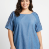 Chambray-Inspired Knit Top with Lace Sleeves – Plus Size
