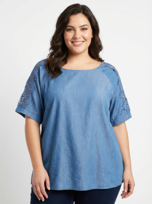 Chambray-Inspired Knit Top with Lace Sleeves – Plus Size