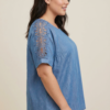 Chambray-Inspired Knit Top with Lace Sleeves – Plus Size