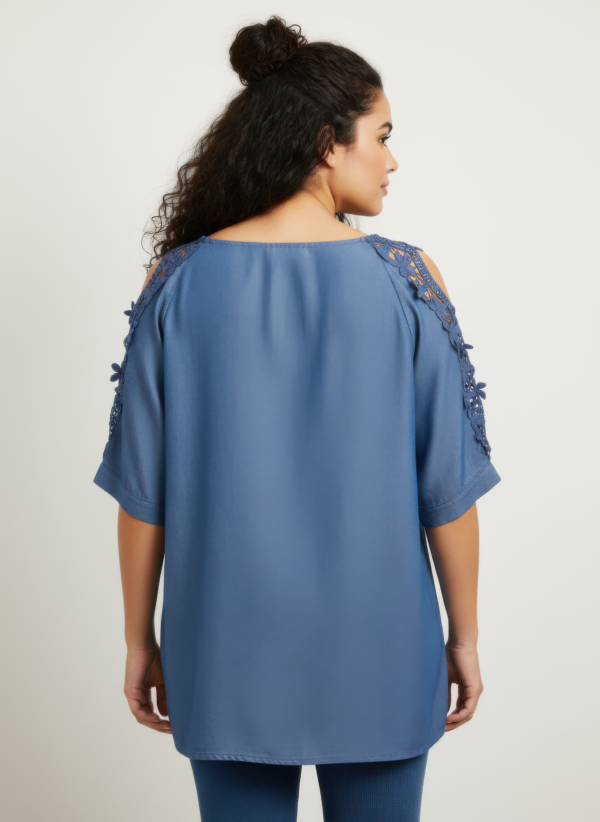 Chambray-Inspired Knit Top with Lace Sleeves – Plus Size