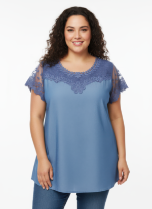 Plus Size Lace Yoke Flutter Sleeve Knit Top