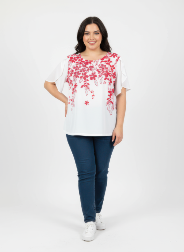 Plus Size Floral Flutter-Sleeve Knit Top – Blue