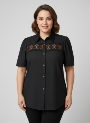 Lace-Panel Button-Front Blouse – Collared Plus Size