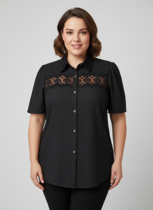 Lace-Panel Button-Front Blouse – Collared Plus Size