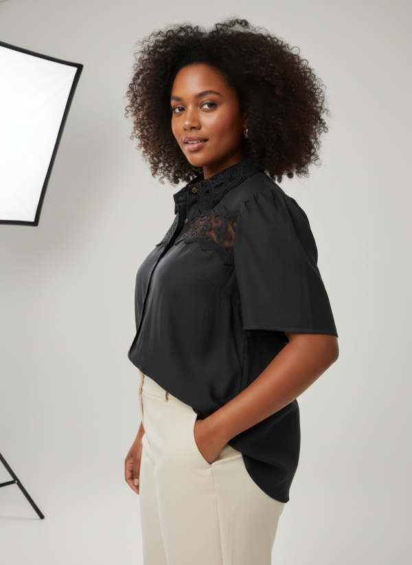 Lace-Panel Button-Front Blouse – Collared Plus Size