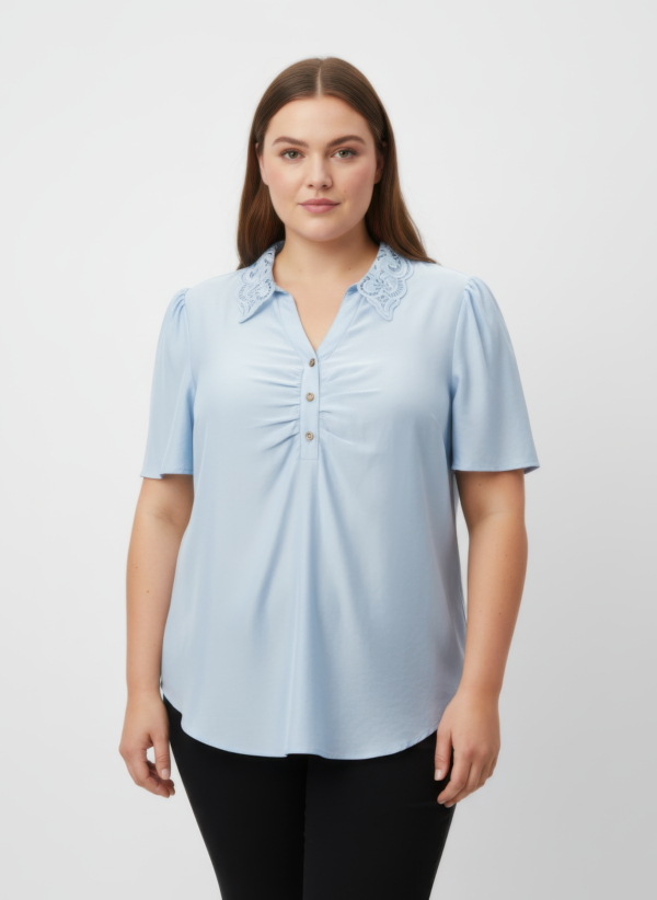 Plus Size Lace-Collar Flutter Sleeve Top with Button Placket