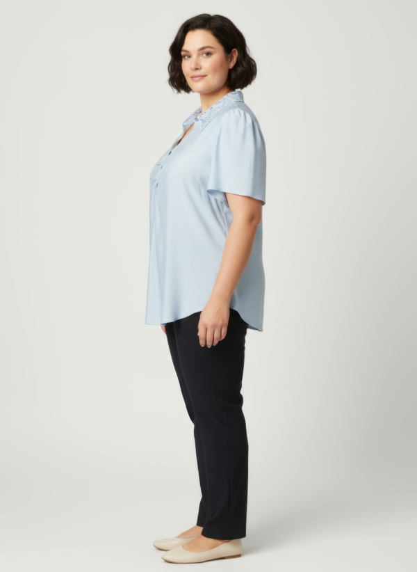 Plus Size Lace-Collar Flutter Sleeve Top with Button Placket