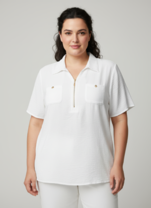 Zip-Front Collared Utility Knit Top – Dual Chest Pockets, Plus Size