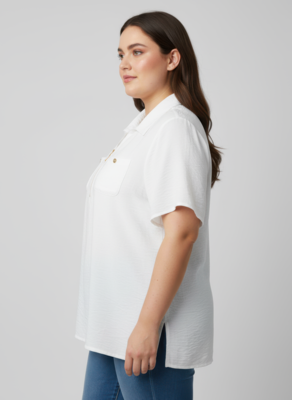 Zip-Front Collared Utility Knit Top – Dual Chest Pockets, Plus Size
