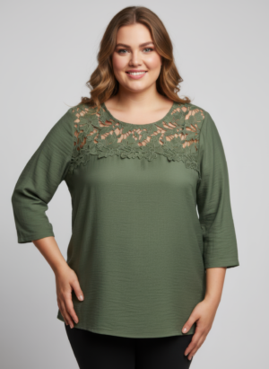 Lace Yoke Knit Top – Three-Quarter Sleeve (Plus Size)