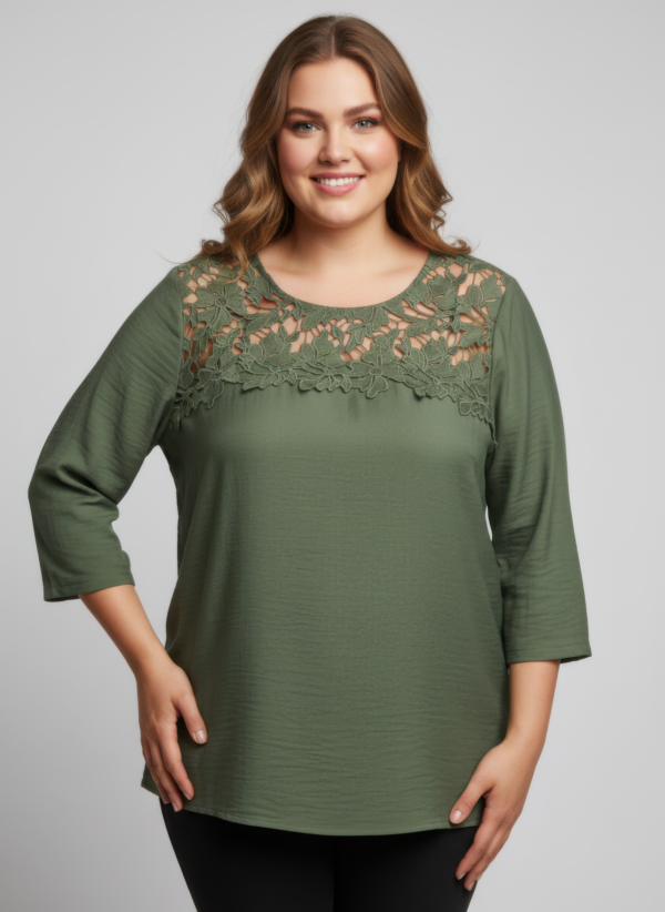 Lace Yoke Knit Top – Three-Quarter Sleeve (Plus Size)