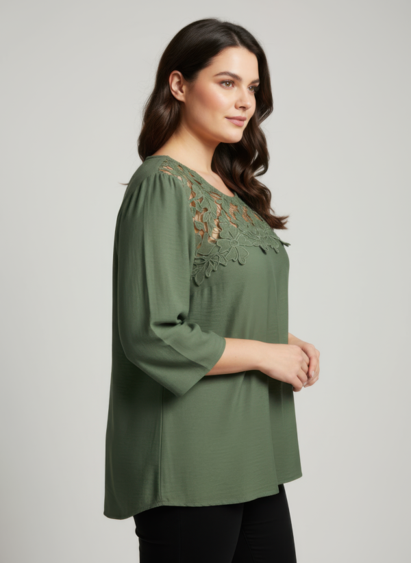 Lace Yoke Knit Top – Three-Quarter Sleeve (Plus Size)