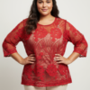 Plus Size Floral Lace Overlay Blouse with Scalloped Hem